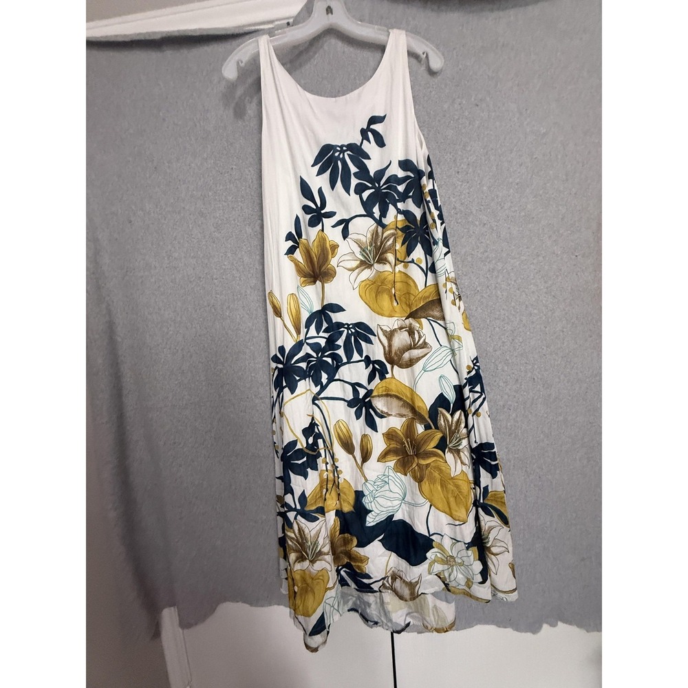 Floral Dress Womens L White Yellow Navy Swing Trapeze Sundress Lined Summer